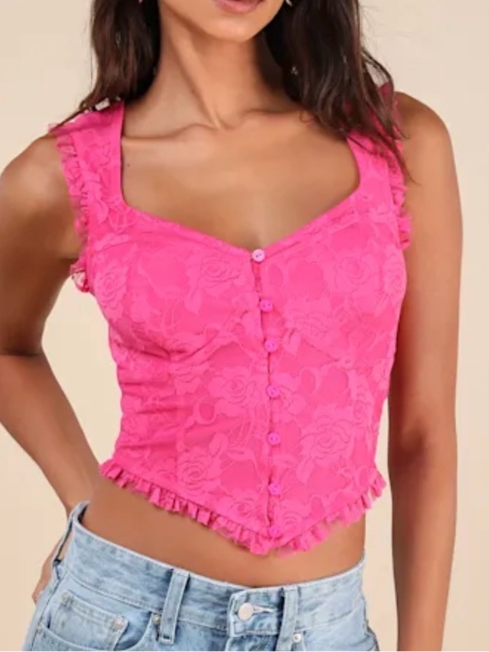 Lulu's Bright hot Pink Lace Button-Front Sleeveless Top cropped bolsterer SZ MD